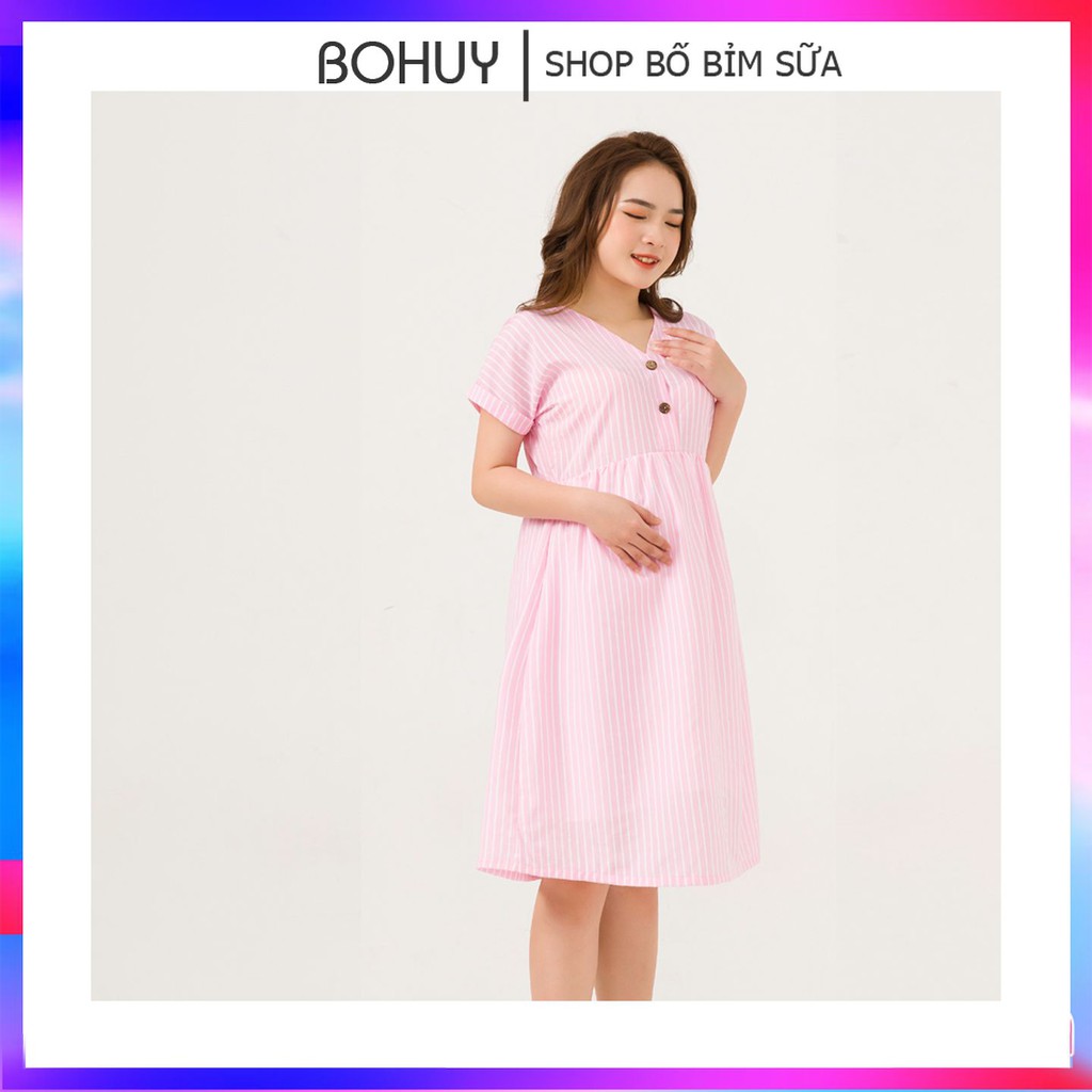 Váy bầu thiết kế babydoll MOLYS M2451 mở cúc giữa vải thô đũi hồng phấn kẻ trắng tôn da, nhiều size mặc hết thai kỳ bầu