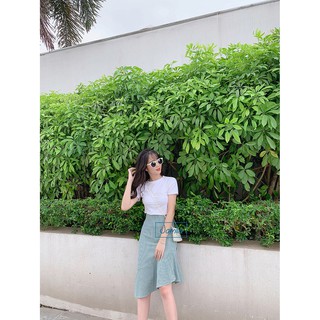 Set áo trắng Basic x Chân váy đuôi cá kẻ xanh