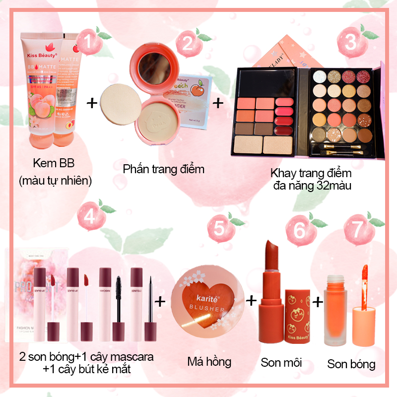 Trọn bộ mỹ phẩm trang điểm 10 món giá hạt dẻ kiss beauty(Kem nền + mặt + mắt + son môi) KB-10JT-A01