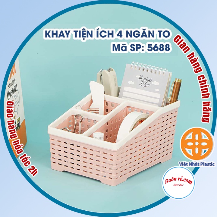 Khay nhựa tiện ích 4 ngăn Việt Nhật 2 size (5696/5688), khay 4 ngăn để bàn đựng bút, đồ dùng đa năng - Buôn rẻ 01288