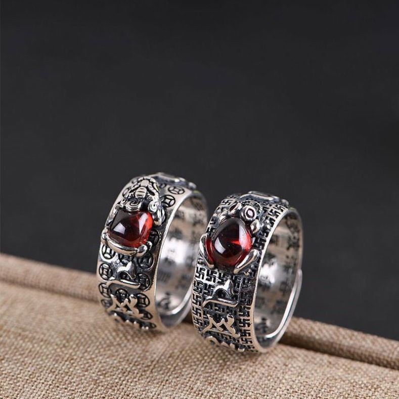 S999 sterling silver retro transfer lucky garnet Nhẫn Pixiu nam nhân cách độc đoán thần chú sáu ký tự Tâm Kinh