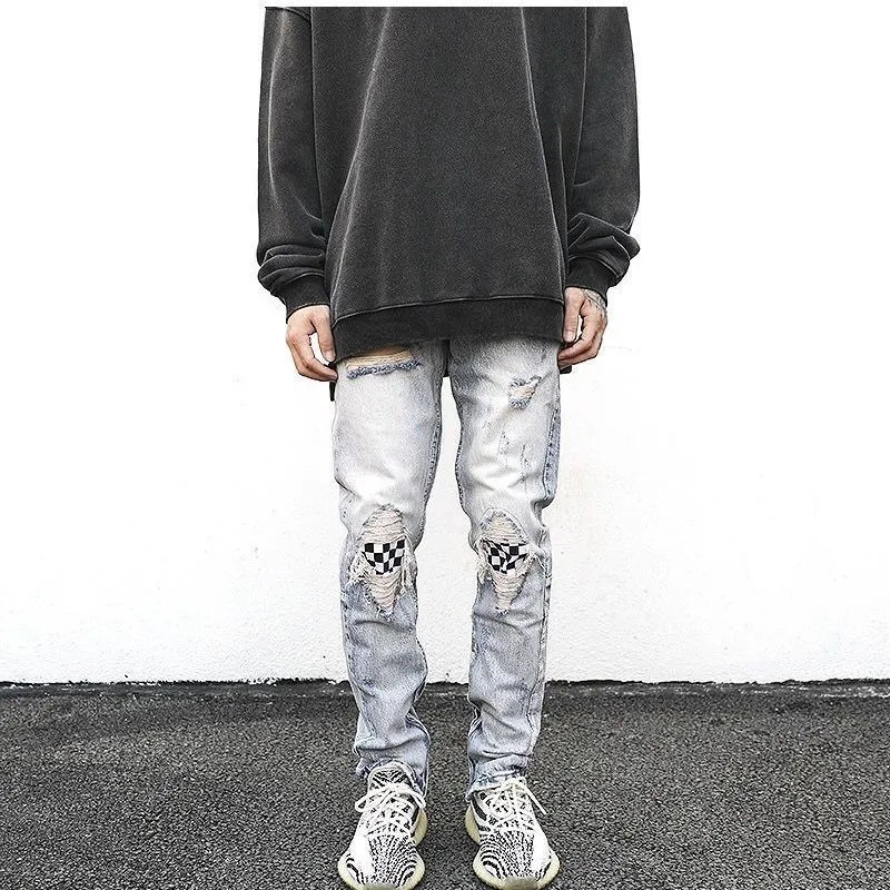 [Sẵn size XL] Quần Jean rách gối họa tiết caro zip ống quần | BigBuy360 - bigbuy360.vn