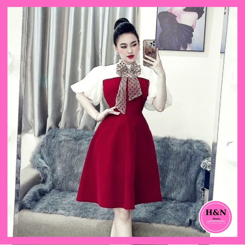 Váy nữ Thiết Kế xòe tay bồng nơ cổ xinh xắn, Đầm nhung dự tiệc sang chảnh HN clothing V25