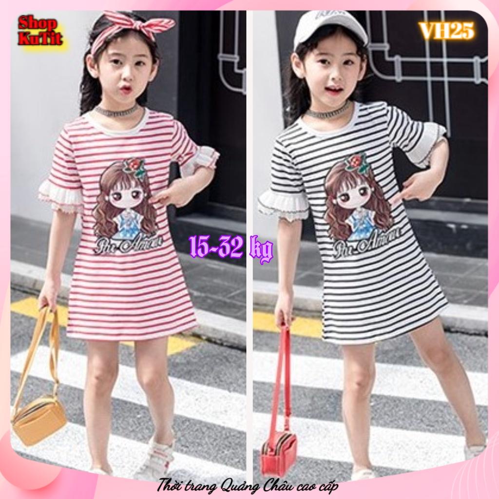 Váy bé gái kẻ ngang đính hình cô gái xinh xắn size 15-32kg VH25