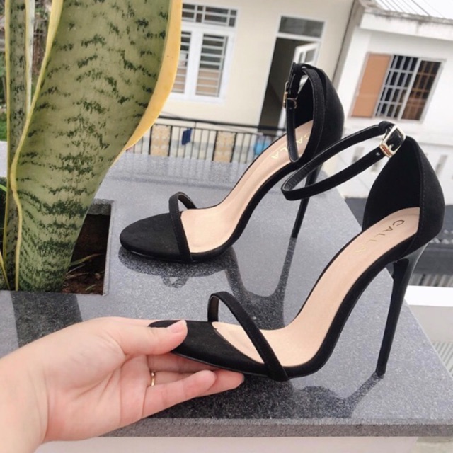 Giày sandal dây mảnh đen da lộn cao 7- 9-12p