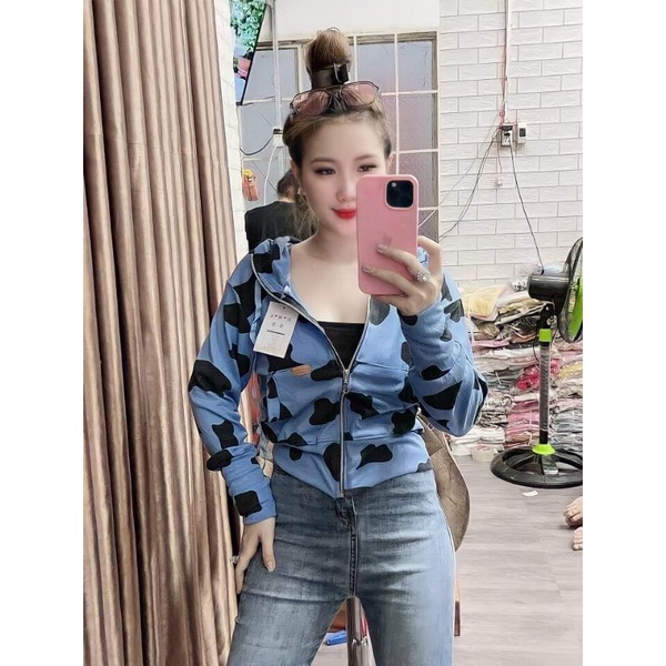 Áo chống nắng croptop, áo khoác chống nắng nam nữ phối hình bò sữa chất vải umi co giãn thoải mái shopanamy