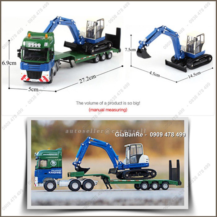 Xe Mô Hình Kim Loại Xe Tải Chở Xe Đào Bánh Xích Mini Tỉ Lệ 1:50 - Kdw