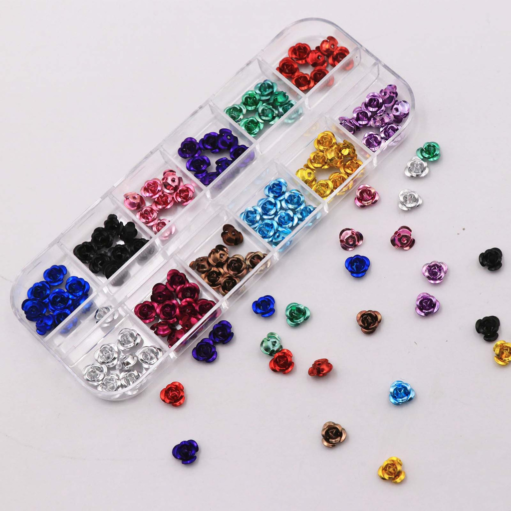 [Hàng mới về] Hộp Phụ Kiện Hạt Trang Trí Móng Tay Họa Tiết Hoa 3D Bằng Kim Loại