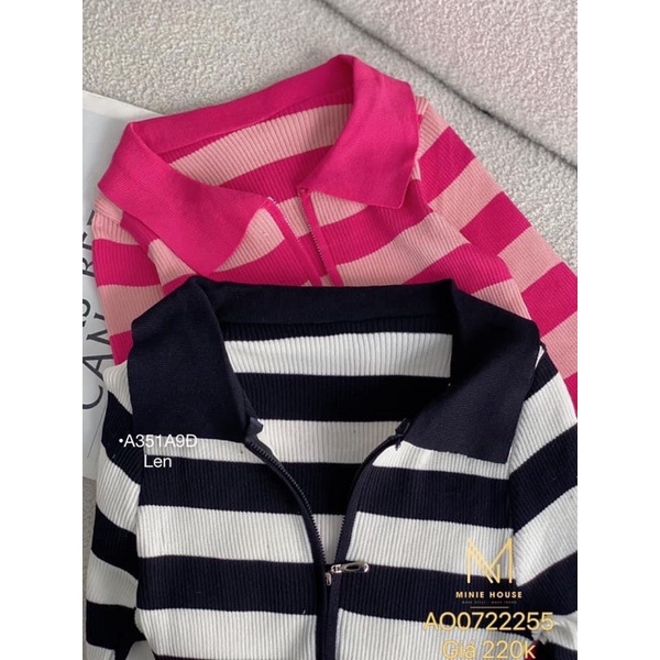 Áo khoác len sọc tay dài dây kéo minie