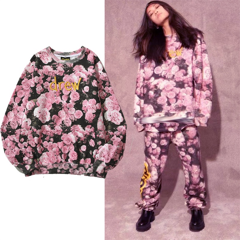 Hàng Bán Chạy Áo Thun Thể Thao Cotton Plus Size Tay Dài Thêu Hoa Hồng Drew Overprint Cho Nam Và Nữ