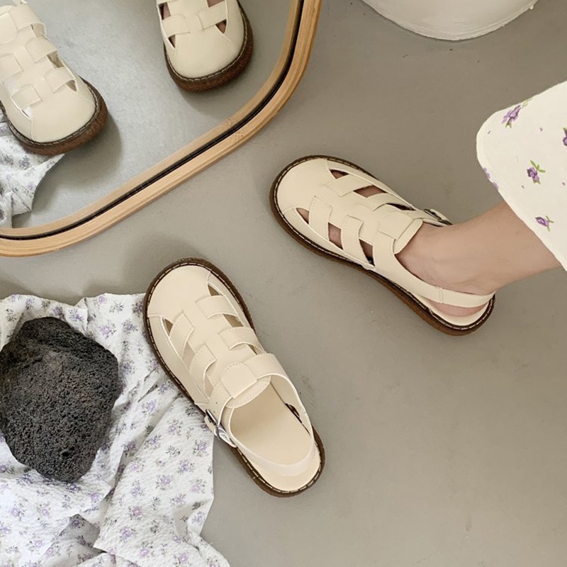 Giày sandal IELGY bằng da PU bít mũi phong cách La Mã có thể điều chỉnh cho nữ