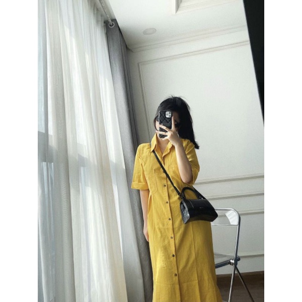 :Váy đi biển, cổ sơ mi vàng túi ngực form suông bầu bí bon chen thoải mái cho nữ LOLLAYE