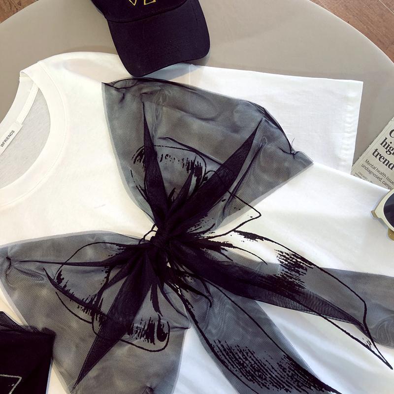 Áo thun ngắn tay dáng rộng đính nơ phong cách Hàn Quốc thời trang hè xinh xắn cho nữ