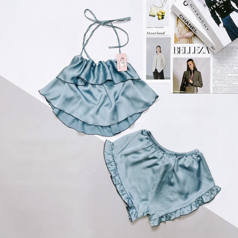 Đồ Ngủ Lụa 2 Dây Nữ Trúc My, lụa satin kiểu yếm tầng freesize 40-58kg, tuỳ chiều cao