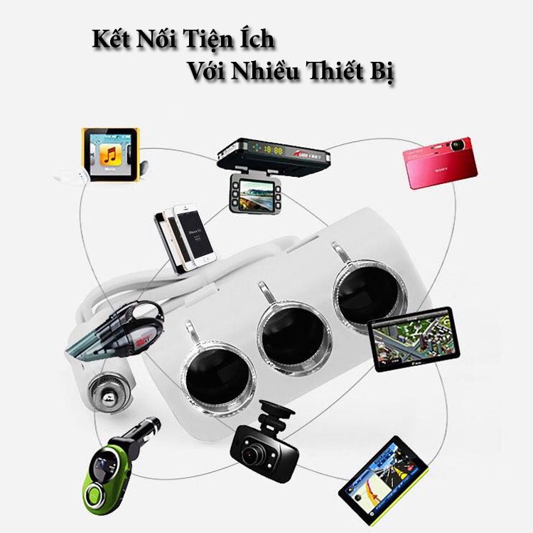 Bộ Chia Tẩu Sạc Oto - Chia 3 Cổng Tẩu, Kèm 2 Cổng USB, Điện Cắm Tẩu 12V CARZONE.TOP