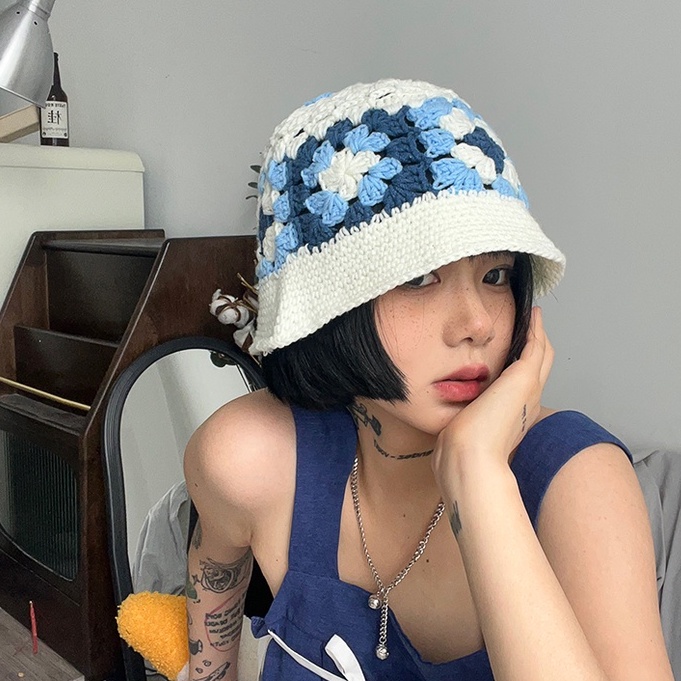 Mũ bucket đan len bông hoa thời trang nữ dễ phối đồ