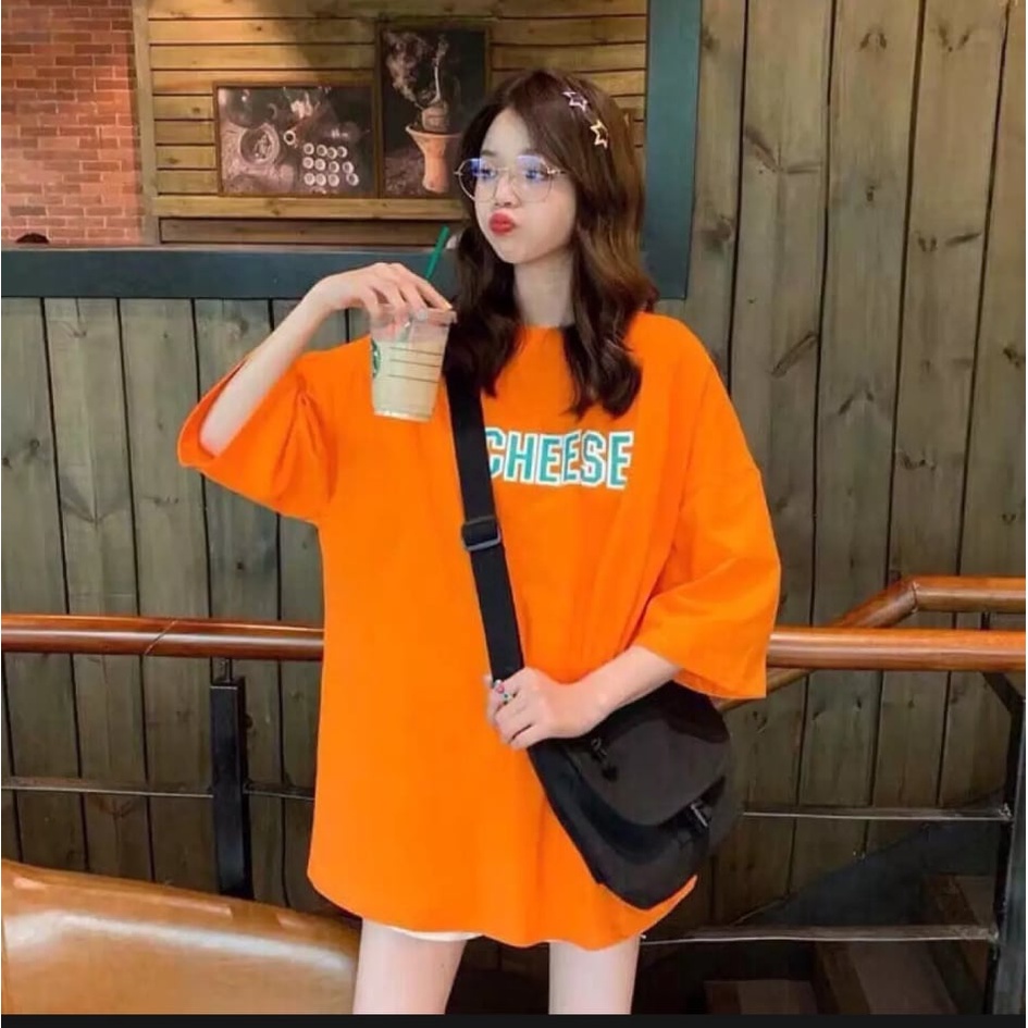 Áo thun in dòng chữ CHESSE màu cam in trước sau, áo thun nam nữ unisex freesize