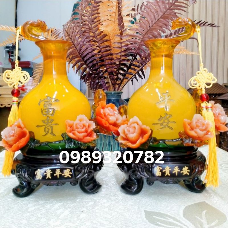combo 2 lọ tài lộc gậy như ý - Bình phú quý vàng xanh