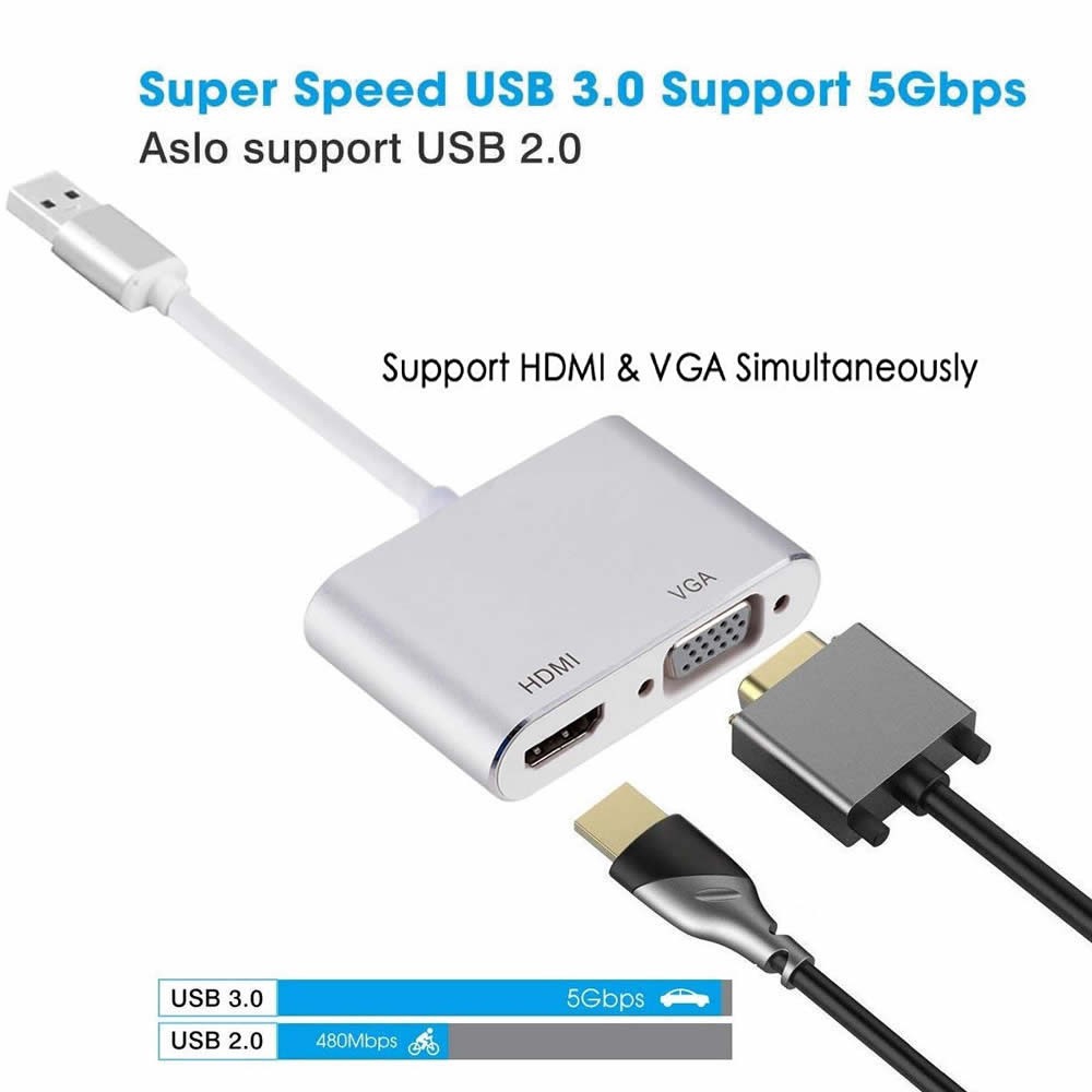 Cwxuan USB to HDMI VGA Adapter,USB 3.0 to HDMI Converter 1080P, Support HDMI VGA Sync Output