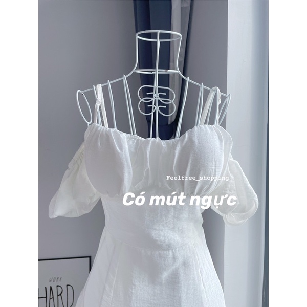 (Ảnh thật) Đầm Trắng Ngắn Hai Dây Trễ Vai Công Chúa Mặc Đi Tiệc, Đi Chơi, Kỷ Yếu (Hình Thật) D044