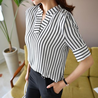 Áo Sơ Mi Cổ Trụ Sọc Đôi- Khánh Linh