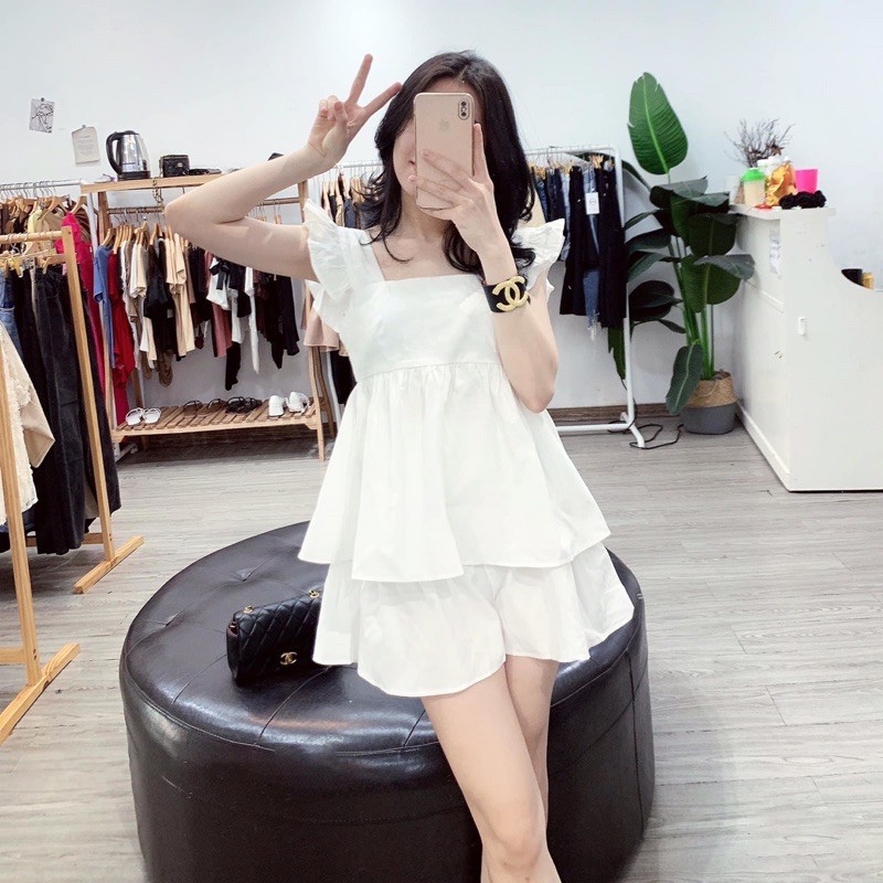 S957 Set Đũi Mặc Nhà Phối Áo Cánh Rơi Dáng Xoè Và Chân Váy Loe Cạp Chun Dẽ Mặc