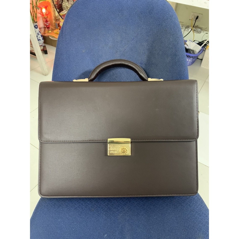 Túi xách cặp da bò công sở khóa số T12 38x27x7cm đựng laptop 14inch (Nâu-Đen) | BigBuy360 - bigbuy360.vn