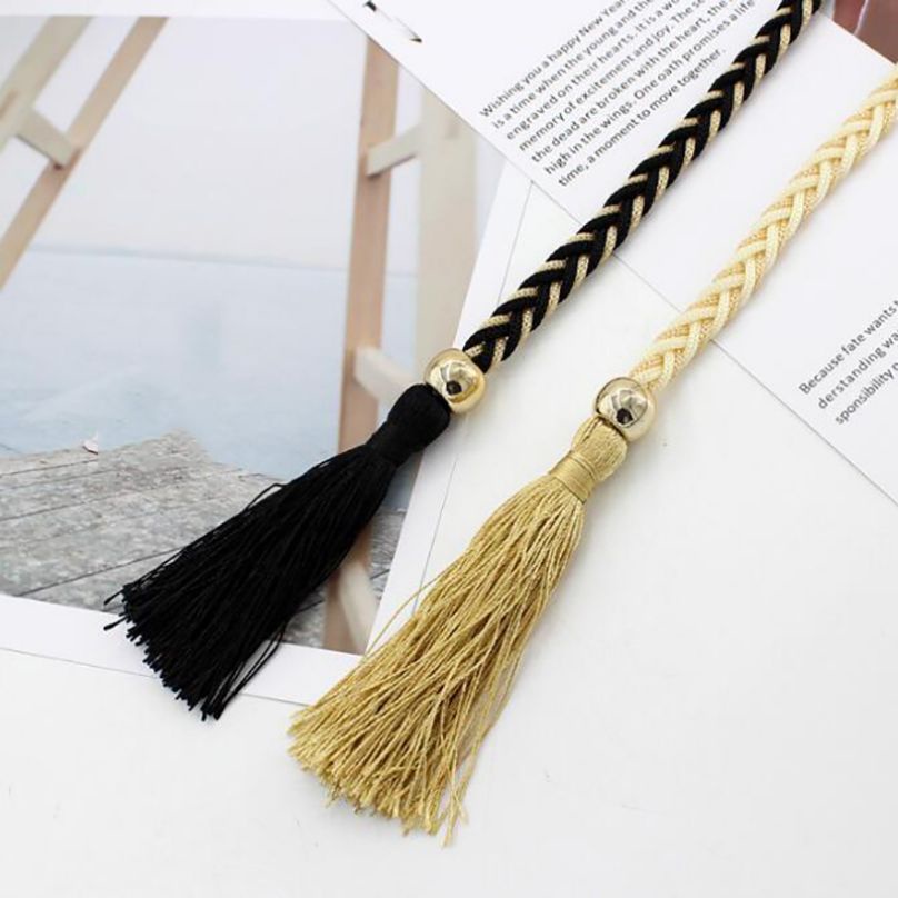 Thắt Lưng Dây Bện Phối Tua Rua Thủ Công Phong Cách Dân Tộc Cho Nữ