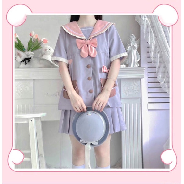 YAS0814-Set đồng phục học sinh Nhật tím xanh cổ hồng nhún bèo