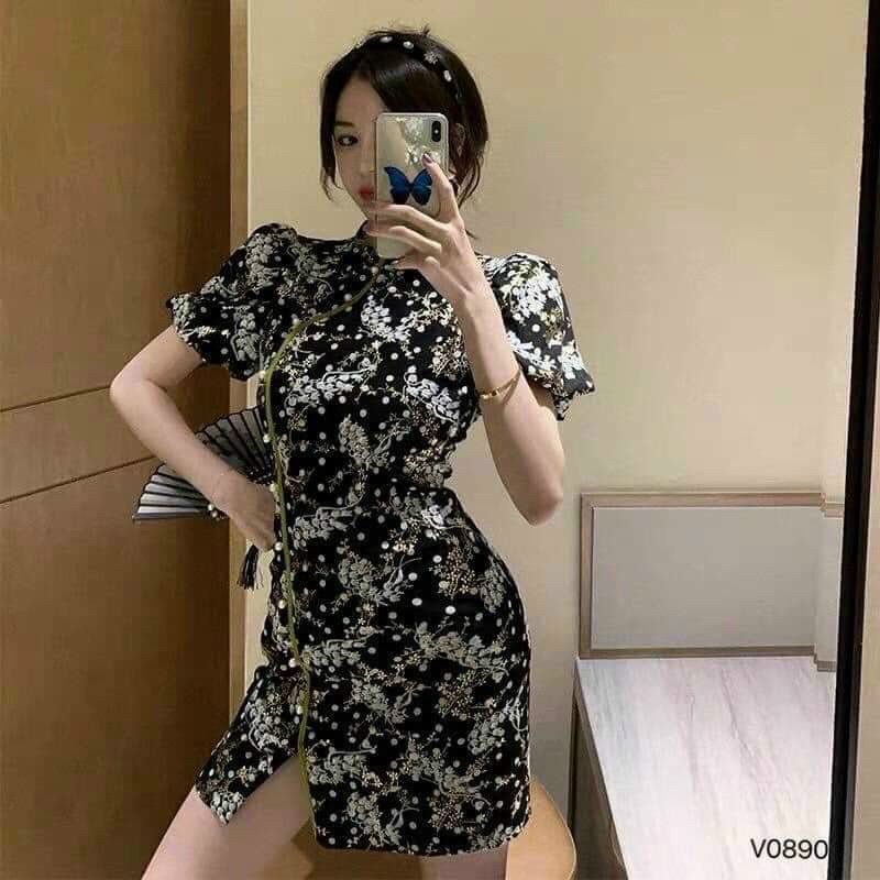 Đầm body sườn xám cổ tàu, Chất thun dẻo họa tiết in hoa cực xin sò