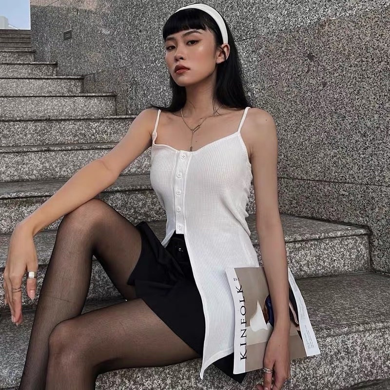 BOHOME- Áo xẻ tà giữa hai dây (trắng)