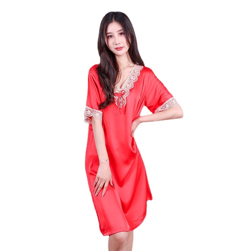 Đầm Ngủ Lụa Ngắn Tay Phối Ren Gợi Cảm Theo Phong Cách Mùa Hè Dành Cho