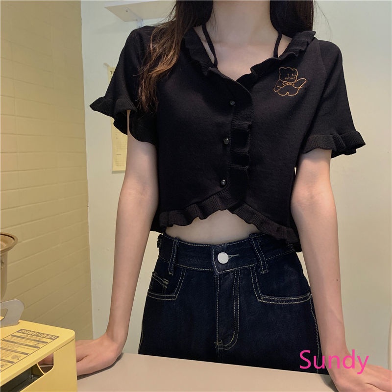 Áo Croptop Dệt Kim Hoạ Tiết Gấu Thời Trang Mùa Hè Cho Nữ | BigBuy360 - bigbuy360.vn