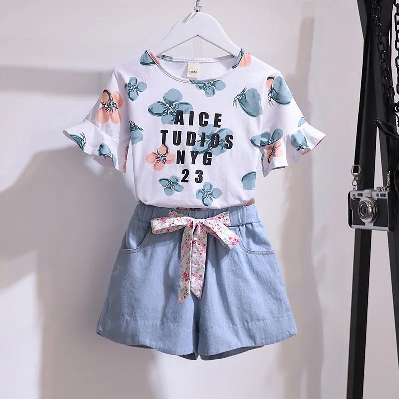 Set Đồ 2 Món Gồm Áo Thun Và Quần Short Denim Thời Trang Hàn Quốc Mới Dành Cho Bé Gái 2022
