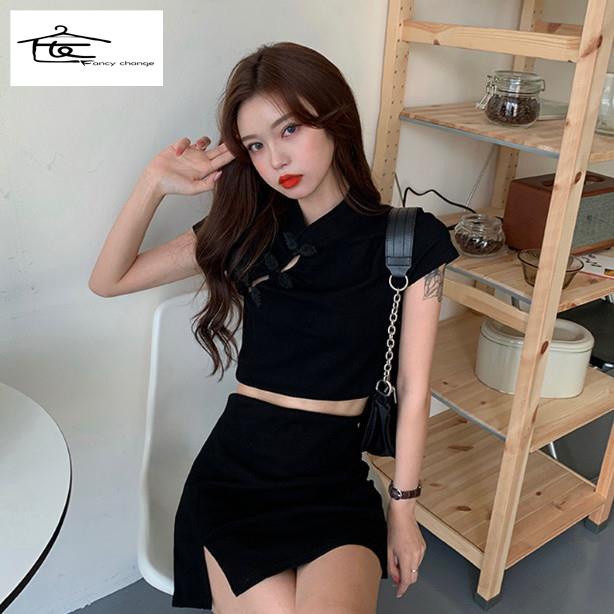 Bộ Áo Sườn Xám Ngắn Tay Đính Nút + Chân Váy Lưng Cao Xẻ Tà Kiểu Hồng Kông Thời Trang Mùa Hè Cho Nữ