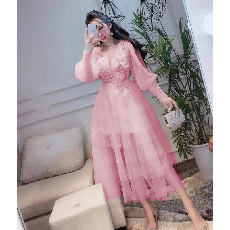 [Mã FATHANG5 giảm 10K đơn 50K] Đầm xoè tay dài lưới tầng xếp kết hoa nổi TIPBLE T DRESS -MS27V-Size S/M/L/XL đến 64kg