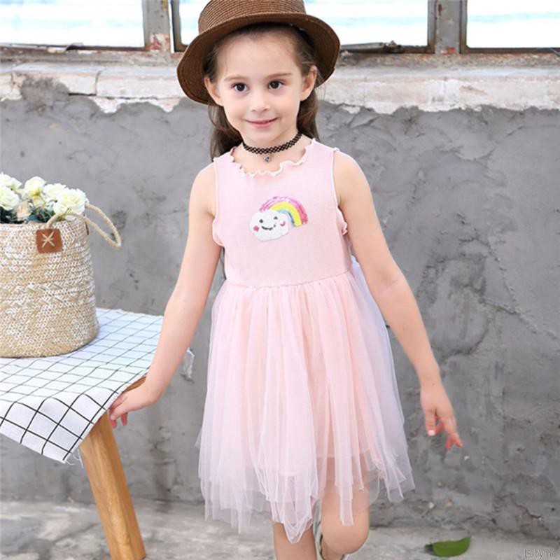 Đầm xòe cộc tay phối họa tiết trái dứa / cầu vồng xinh xắn dành cho bé gái