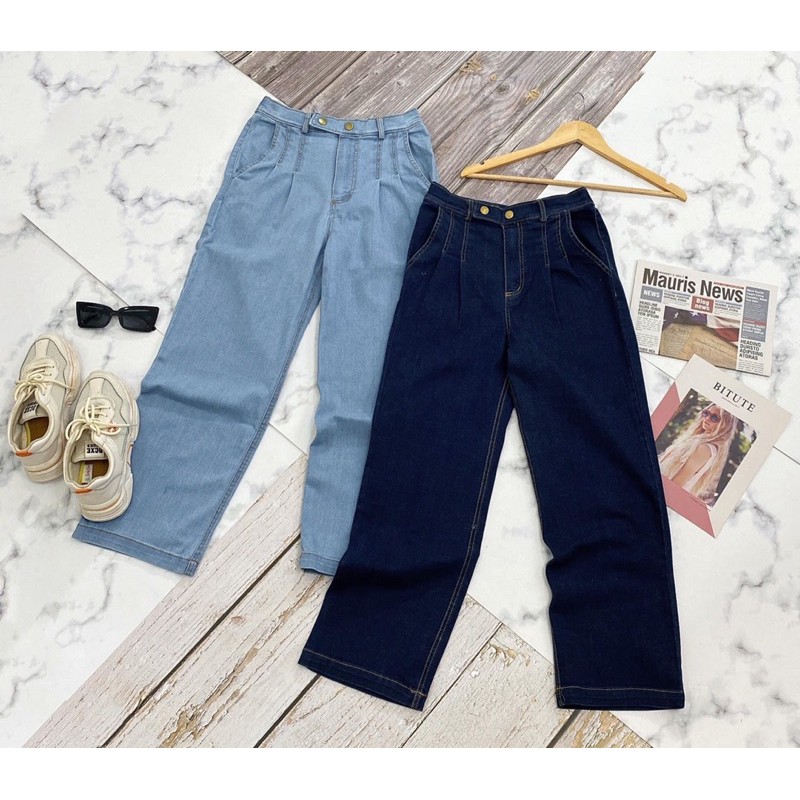 Quần jeans ống rộng cạp cao 2 khuy bấm