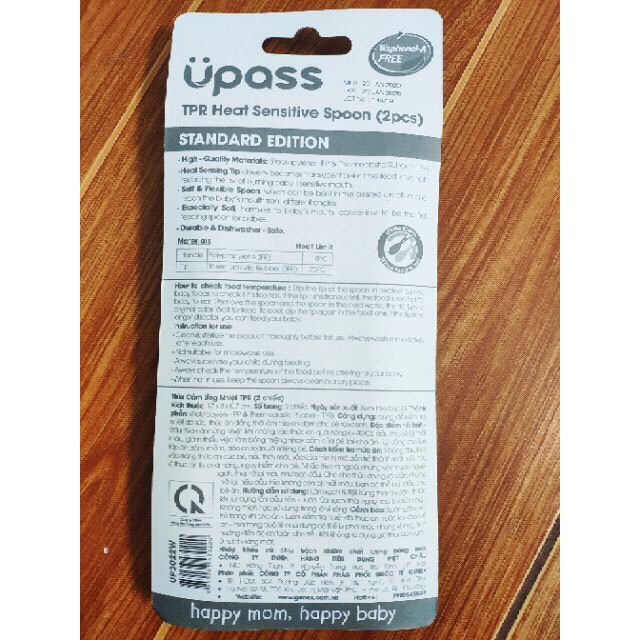 Vỉ 2 Thìa ăn dặm cảm ứng nhiệt TPR an toàn miệng cho bé Upass UP3022W - Thái Lan
