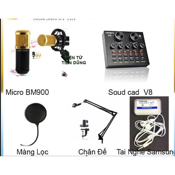 Trọn Bộ Combo Micro bm900 + Soundcard V8 + màng lọc,kẹp bàn , tặng tai nghe