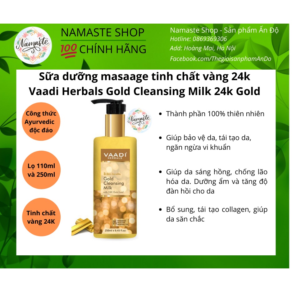 [XẢ 8-11/2024] Sữa tẩy trang tinh chất vàng 24k - Vaadi Herbals Gold Cleansing Milk 24k Gold 110ml và 250ml