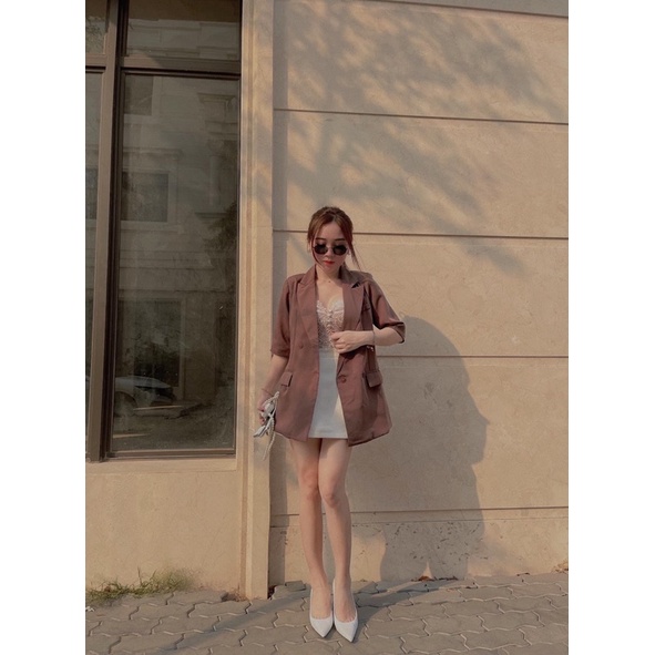[FREESHIP] Áo khoác Blazer Vest trơn tay ngắn túi nắp màu Xanh mint Nâu NÀNG CLOSET