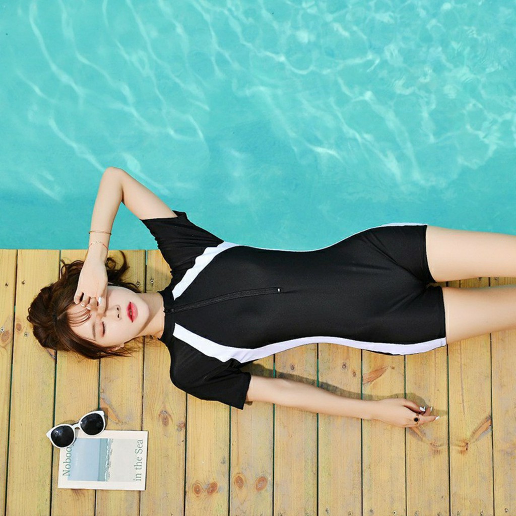 Bikini một mảnh cộc tay 🏖️Freeship🏖️ kín đáo dáng quần đùi mặc đi biển đi bơi chụp ảnh Hà Nội