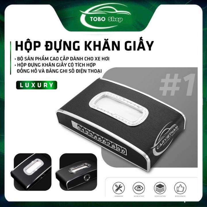 Hộp đựng khăn giấy trên ô tô ❤️FREESHIP❤️ 3 chức năng có Đồng Hồ + Bảng số điện thoại chất liệu da cao cấp- BH 1 đổi 1!