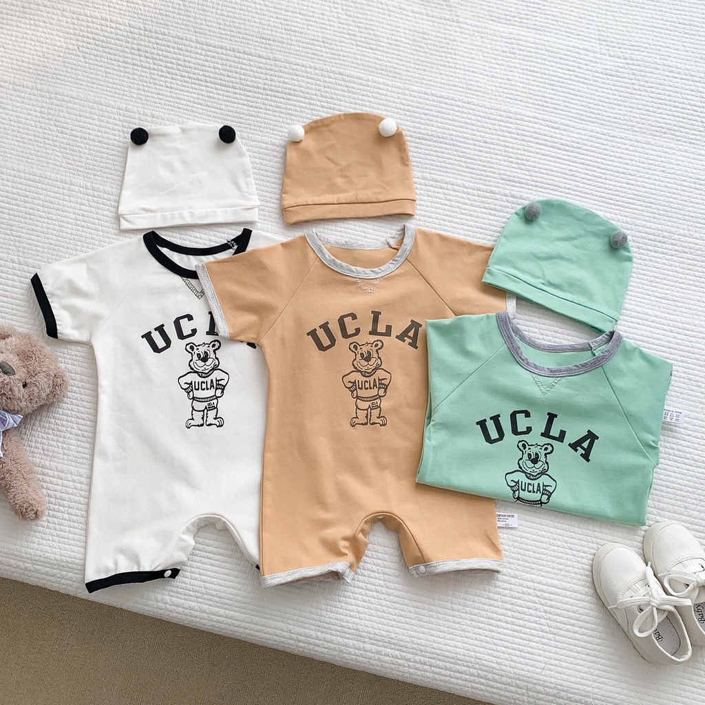 Bộ Áo Liền Quần Hình Gấu Hoạt Hình + Mũ Thời Trang Mùa Hè Cho Bé Sơ Sinh