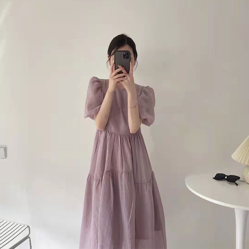 Đầm Dài Tay Phồng Màu Sắc Trơn Thời Trang Mùa Hè Hàn Quốc Dành Cho Nữ