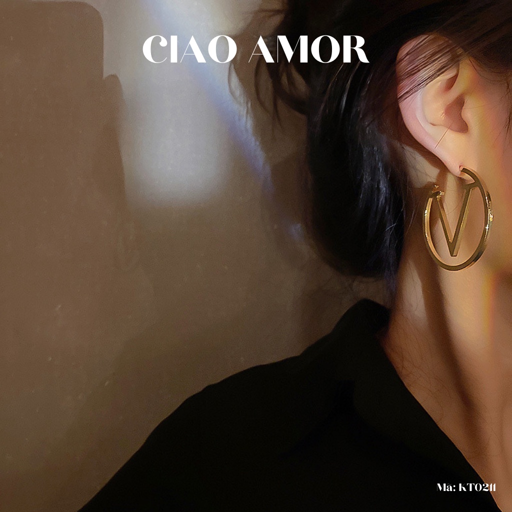 KT0211-Khuyên tai nữ, Hoa tai bạc 925 sang trọng tròn to chữ V Trang sức Ciao Amor
