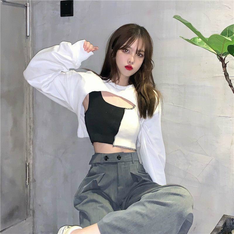 Bộ Áo Croptop Chạy Viền Barbie Áo Yếm Nữ  Set Áo Crt Nữ Dài Tay Kèm Áo Trong 2 Mầu đen trắng style cá tinh