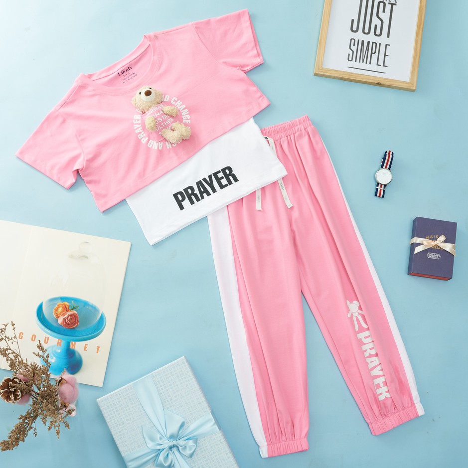 Set quần dài croptop gấu bé gái thun cotton 4 chiều 100%