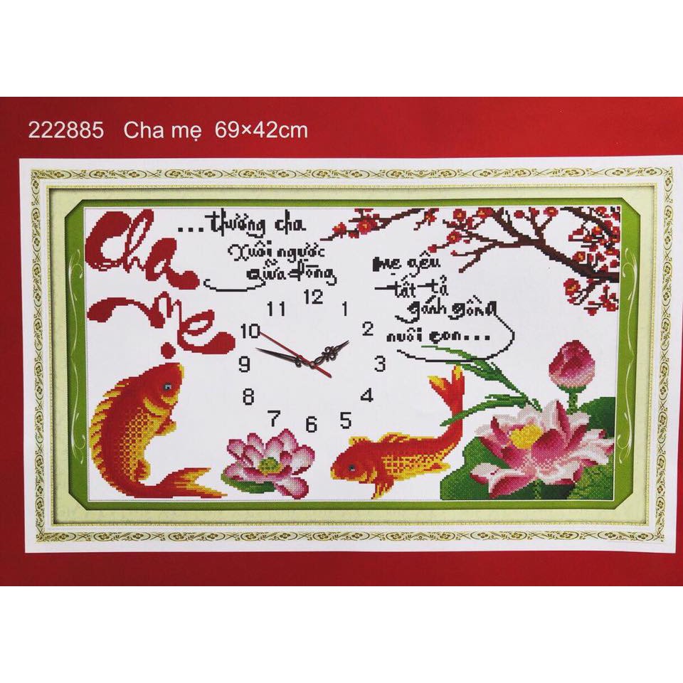 tranh thêu chữ thập thư pháp cha mẹ đồng hồ kt 69x42cm